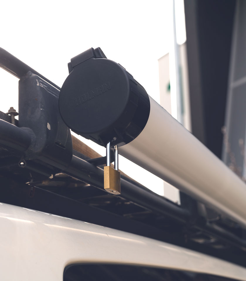 100mm PVC Lockable End Cap on PVC pipe installed on top of roof rack